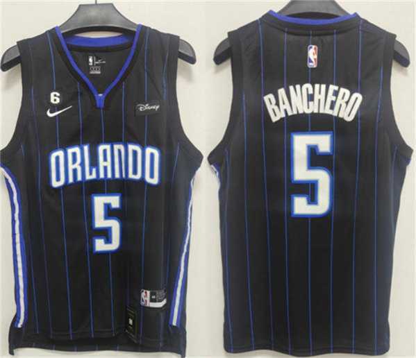 Men%27s Orlando Magic #5 Paolo Banchero Black With No.6 Patch Icon Edition Stitched Swingman Jersey